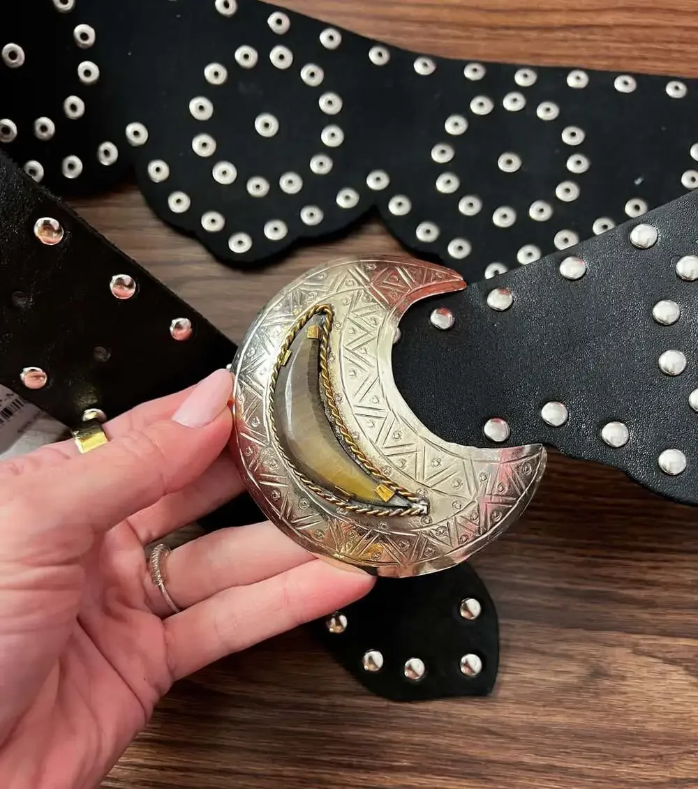 Free People Studded Crescent Moon Buckle Belt Black